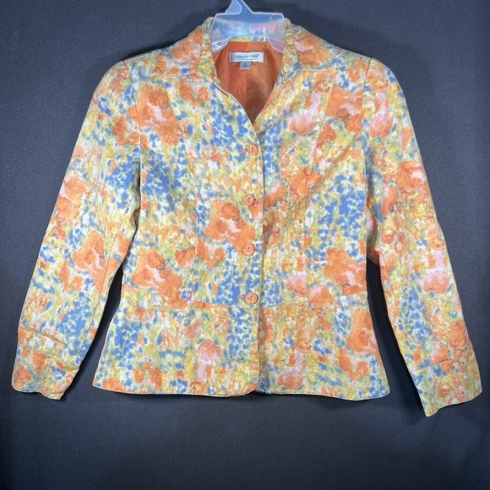 Coldwater‎ Creek Jacket Orange Multi Abstract Buttons Cuff 3/4 Sleeve Lined Sz 8